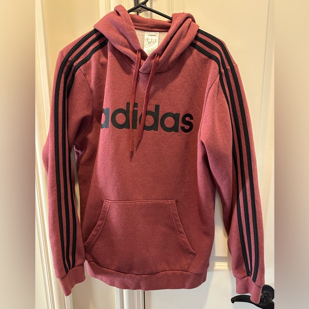 Adidas Essentials 3 Stripe Pullover Hoodie Mens Medium Mauve Red Pink Color